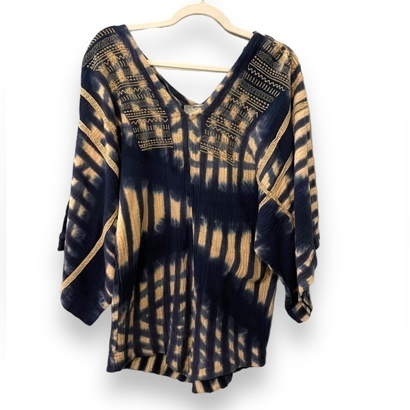 FREE PEOPLE X One Teaspoon | Blue Tie Dye Muslin Romper Embroidered Bell Sleeve - Picture 2 of 6